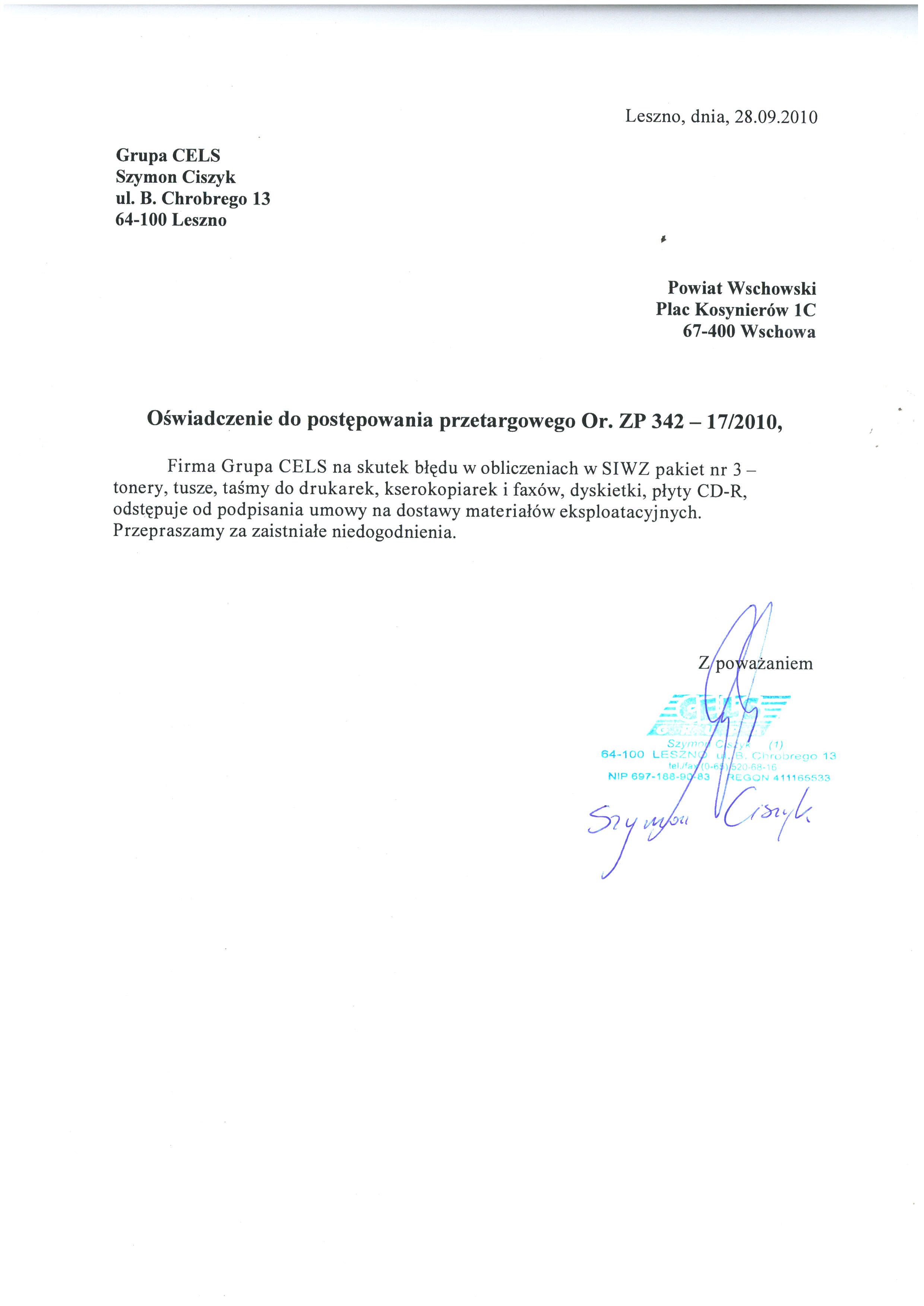 Oświadczenie oferenta
